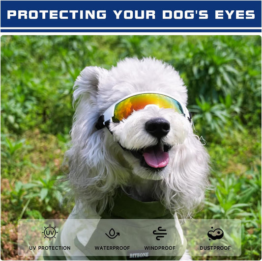 Dog Goggles for Small to Medium Breed, Dog Sunglasses UV Protection, Windproof & Anti-Fog, Puppy Sunglasses with Padded Frame and Adjustable Straps for Outdoor Riding, Driving(White)