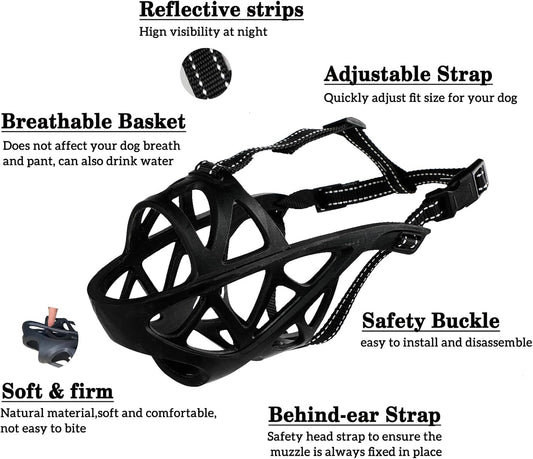Dog Muzzle, Breathable Basket and Soft Cage Black Dog Mouth Cover,Anti-Biting, Barking and Chewing for Small Medium Large Dogs, 1 Pack Poop Bags for Dogs (Medium)