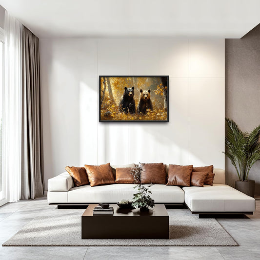 Large Forest Bear Wall Art for Living Room, Black Bear Autumn Canvas Oversized Wall Decor, Wildlife Framed Pictures Painting Print Artwork for Bedroom Office 36L" x 24W"