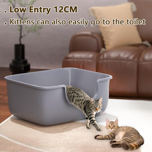 Large Cat Litter Box with High Sides, Open Kitty Litter Boxes Anti-Splashing for Indoor Cat Low Entry Cat Litter Pan for Small and Elderly Cats, Tool-Free Assembly(19.7β * 15.76β * 8.67β Grey)