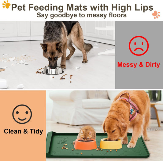 Dog Food Mat - Silicone Dog Mat for Food and Water - 36" x 24" Large Pet Feeding Mats with Residue Collection Pocket - Waterproof Dog Cat Bowl Mat with High Edges to Prevent Water Food Spills (Green)