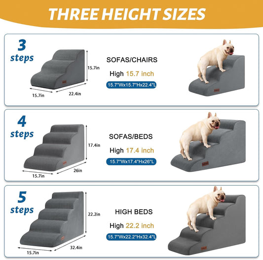 4-Step Dog Stairs and Ramp for Beds or Couches β Non-Slip Sturdy Pet Steps for Small Dogs and Cats,17.4" H,Grey