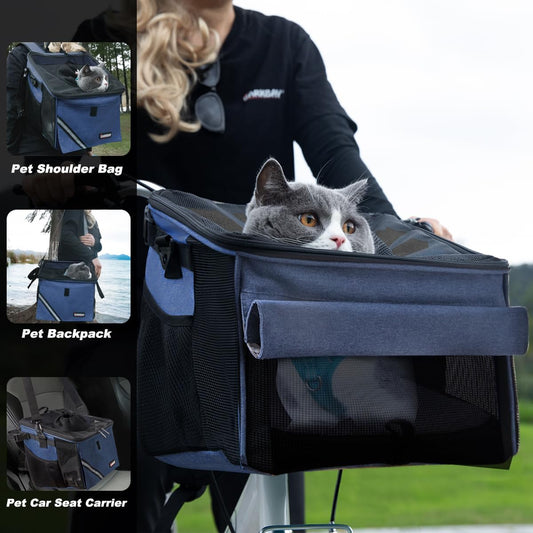 Pet Carrier Bicycle Basket Bag Pet Carrier/Booster Backpack for Dogs and Cats with Big Side Pockets,Comfy & Padded Shoulder Strap,Travel with Your Pet Safety(Classic Blue)