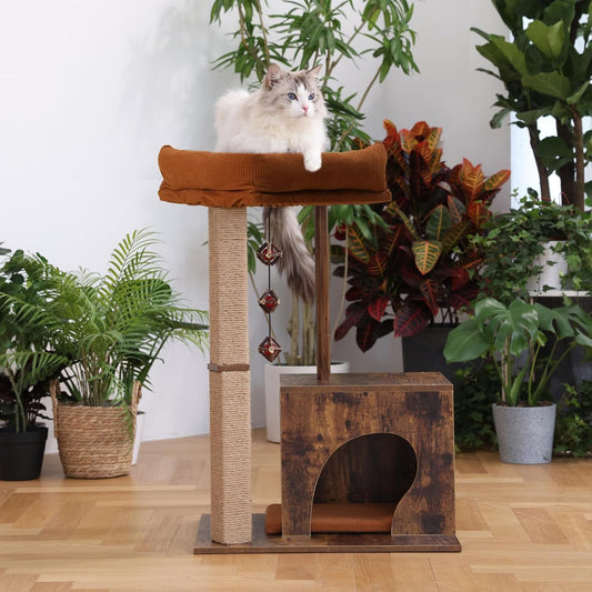 FUKUMARU Cat Scratching Post, Modern Style Cat Tree with Unique Square Post, Wooden Cat Tower with silvervine Balls, Retro Cat Condo Scratcher for Indoor Cats(Solid Wood)