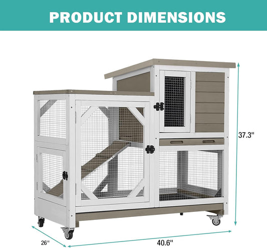Rabbit Hutch Indoor for 2-4 Rabbits & Guinea Pigs,Bunny Cage with Slide-Out Plastic Trays,Wooden Small Animal Cage for Rabbits, Bunnies, and Guinea Pigs (Light Brown)