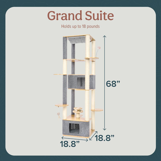Ascentials - Grand Suite Cat Scratcher Playground - Tall Cat Tower Playground Structure, Sisal Scratching Areas, Grey Felt, Bamboo Veneer w/Linen & Velvet Surface Areas
