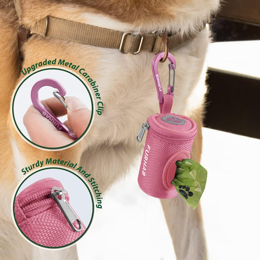 Dog Poop Bag Holder for Leash Doggie Waste Bag Dispenser Soft Fabric Puppy Potty Carrier Small Doggy Zipper Pouch with Carabiner Clip 1680D Nylon Oxford with 1 Roll of Pet Trash Bags, Pink