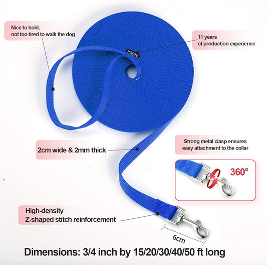 Dog/Puppy Obedience Recall Training Agility Lead - 30ft Long Training Leash,3/4in Wide - Great for Play, Camping, or Backyard(Blue,30 Feet