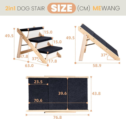 MEWANG Wood Pet Stairs & Ramp for Small/Medium Dogs and Cats, Aging Pets ā 3-in-1 Foldable, Portable, Non-Slip Pet Ladder for Tall Beds, Couches,CarsāHolds Up to 220 lbs (24.8" L x 17.2" W x 19.5" H)