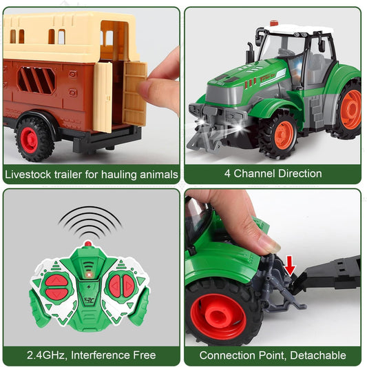 fisca Remote Control Tactor Toy Set & 33PSC Farm Vehicle Playset - Animal Figurines ,2.4GHz 1/24 Scale RC Tractor,Livestock Trailer, Fence with Light for Kids Age 4, 5, 6, 7 and Up Years Old