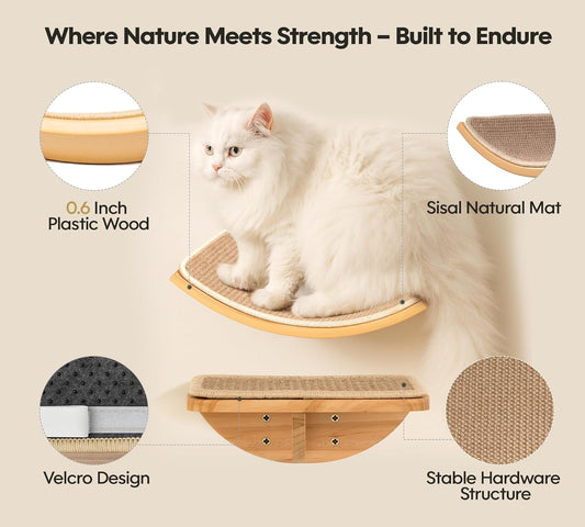 Wood Cat Wall Bed with Sisal Mat β Curved Cats Shelf for Scratching and Sleeping, Wall Mounted Cat Furniture for Large Cats