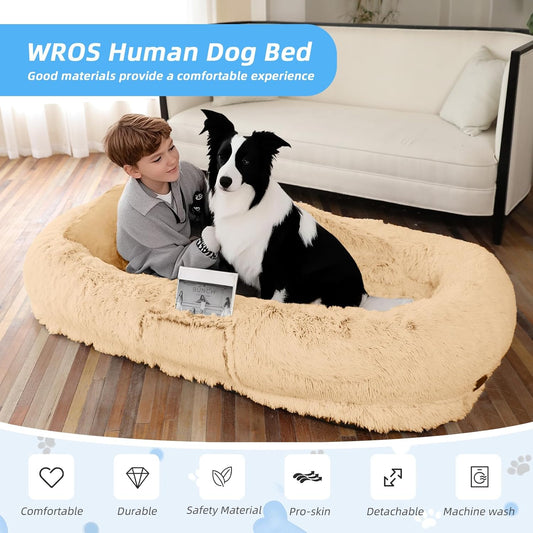 Human Dog Bed for Adults & Pets, 63"x32"x10" XL Faux Fur Nap Bed with Pillow, Blanket & Strap, Orthopedic Washable Lounger for Sleeping, Relaxing, Cuddling β Beige