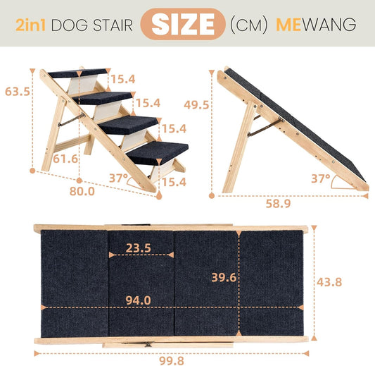MEWANG Wood Pet Stairs & Ramp for Small/Medium Dogs and Cats, Aging Pets ā 3-in-1 Foldable, Portable, Non-Slip Pet Ladder for Tall Beds, Couches,CarsāHolds Up to 220 lbs (31.5" L x 17.2" W x 25.0" H)