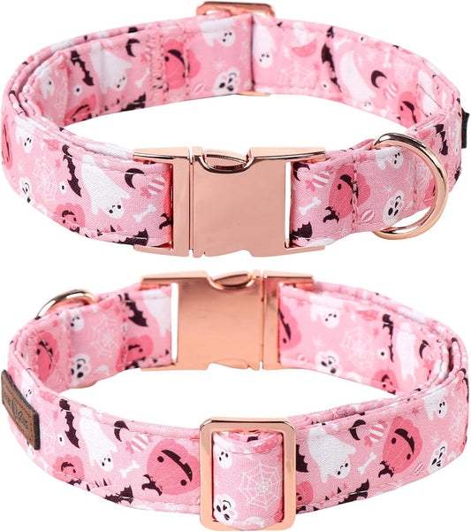 Lionet Paws Halloween Dog Collar, Cute Fall Pink Dog Collar for Large Dogs, Adjustable Cotton Pumpkin Ghost Pet Collars for Large Dogs