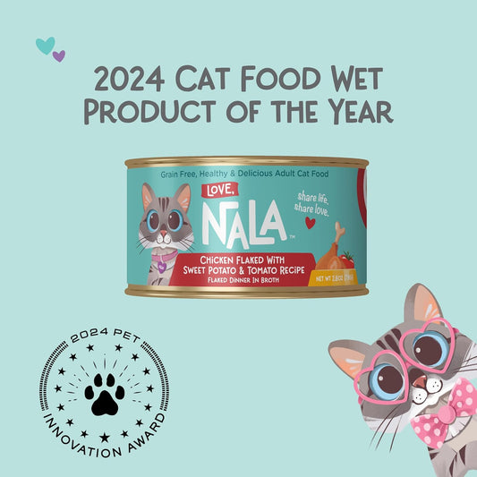 LOVE, NALA - Natural Adult Cat Wet Food - FLAKED Chicken, Sweet Potato, Tomato in Broth - Grain Free, Non-GMO, Digestive Fiber, Vitamins, Minerals - 12 Pack 2.4 lbs.