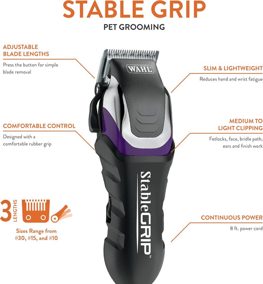 Wahl Pro Animal Stable Grip - Comprehensive Equine Grooming Kit - Light Body Clipping - Trimming Face, Ears & Fetlocks - Stable Grip Clipper - Easy-to-Adjust Cutting Lengths - Long Power Cord