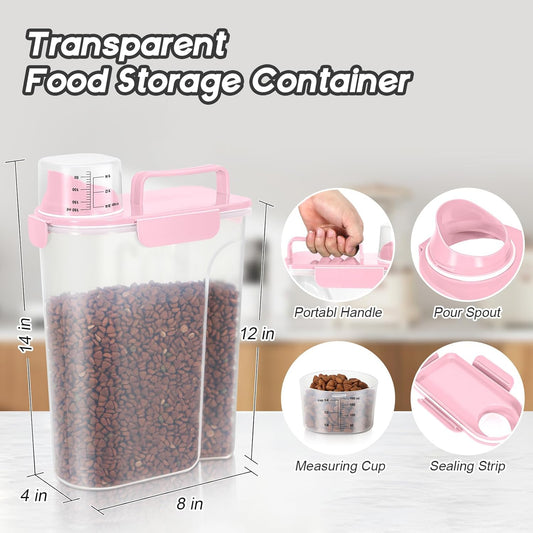 Dog Food Storage Container, Upgraded Large Nozzle BPA-free, 8-12 LBS Plastic Pet Food Storage Containers, With 4 Sealed Clasps, 1 Measuring Cup and Handle (2, Light Pink (3L+5L), (3L+5L))