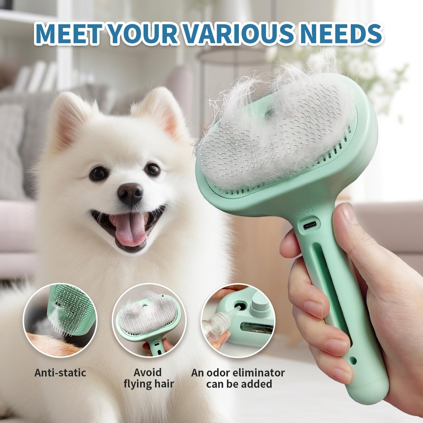 Steam Pet Brush for Shedding, 3 In 1 Self Cleaning Anti-Static Steamy Hair Brush, Reduces Loose Hair and Shedding for Long and Short Hair Pets Grooming, Green