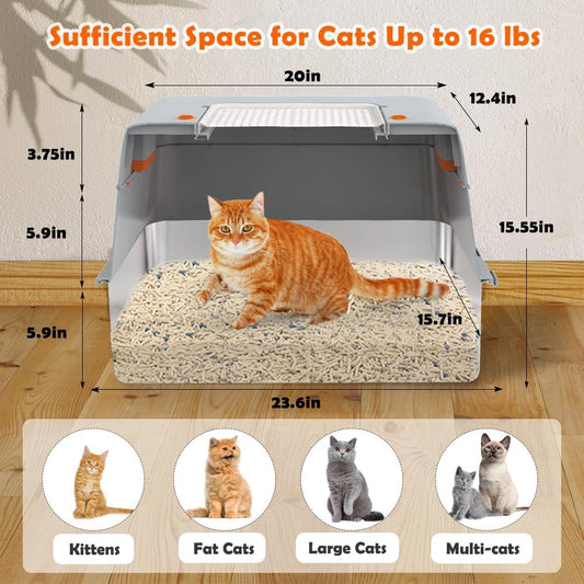 Vivifying Stainless Steel Litter Box with Lid, XL Side Entry Extra Large Litter Box for Big Cats & Kitty, Removable Enclosed Metal Cat Pan with High Sided Enclosure, Scoop, Mat, Footboard (Gray)