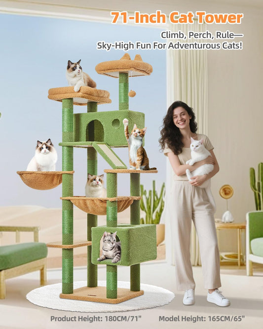 Taoqimiao Cactus Cat Tree, 71-Inch Cat Tower for Indoor Cats Large Adult, Multi-Level Large Cat Condo, 8 Sisal Scratching Posts, Metal Frame Cozy Hammock, Scratch Board, 2 Top Perches, MSC026L