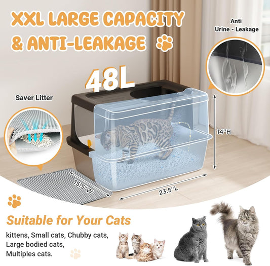 Stainless Steel Litter Box with Lid, Extra Large Cat Box with high Sides, Kitty Litter Pan Enclosure, top Entry Cat Litter Box Extra Large with Litter Scoop & Litter Mat, Anti-Leakage (XL Black)