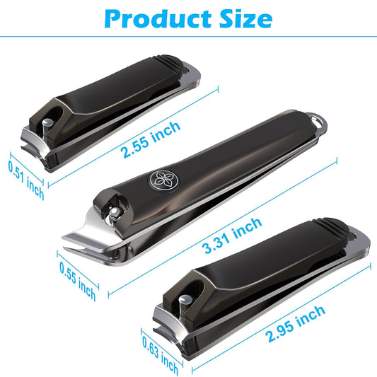GLAMFIELDS 3pcs Nail Clippers Set, Black Stainless Steel Slanted Edge Nail Clipper & Fingernail & Thick Toenail Trimmer for Men and Women