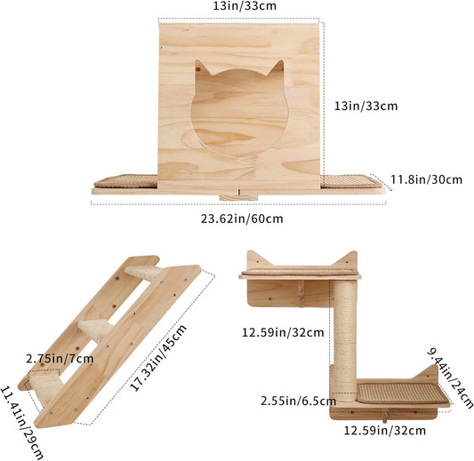 Cat Wall Shelves Set β Wall Mounted Cat Furniture with House, Sisal Mat, Scratching Posts & Perches β Indoor Climbing Shelves for Large Cats