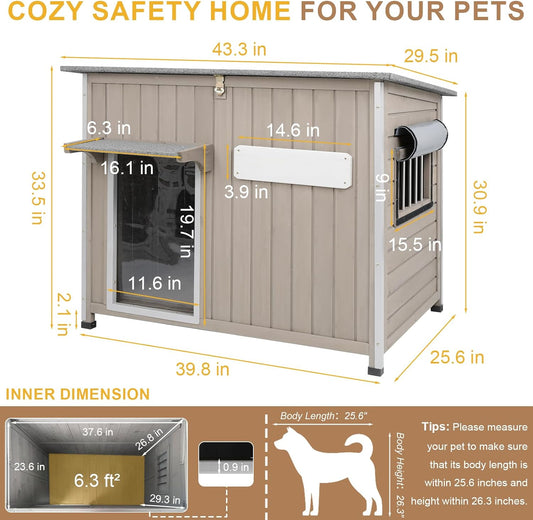 Weatherproof Outdoor Dog House, Wooden Puppy Shelter with Anti-Chewing Iron Frame and Elevated Floor, Sturdy Dog Kennel for Small, Medium & Large Dogs, Grey (Gray, 40" L x 26" W x 31" H)