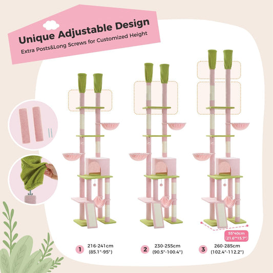 PAWZ Road Pink Cat Tree, Floor to Ceiling Cat Tower with Adjustable Height(85-112 Inches), 7 Tiers Climbing Activity Center with Cozy Hammocks, 5 Platforms and Scratching Posts for Indoor Cats-Pink