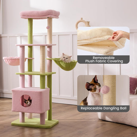 Gardner Pet 65in Heavy Duty Cat Tree Tower for Large Cats, Multi-Level Cat Furniture with Replaceable Sisal Scratching Post, Hammock | Extra-Large Platform & Condo (Pink&Green, Basic Ο:2.84")