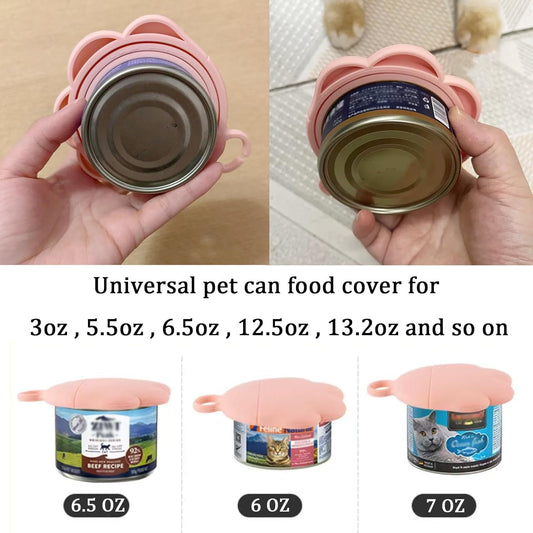 3 Pcs Cat Food Can Lids & One Can Opener | Cute Paw Shape Can Covers and Opener Spatula Cat Spoons for Wet Food | Universal BPA Free Silicone Can Food Spoon & Covers for Dog Cat Cans(Pink)
