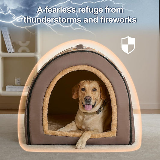 Jiupety 2 in 1 Dog House Indoor, Comfy Cave Bed Covered Dog Bed, Portable House for Large Dogs, 3XL(39"Γ32"Γ28"), Up to 90 Lb, Brown