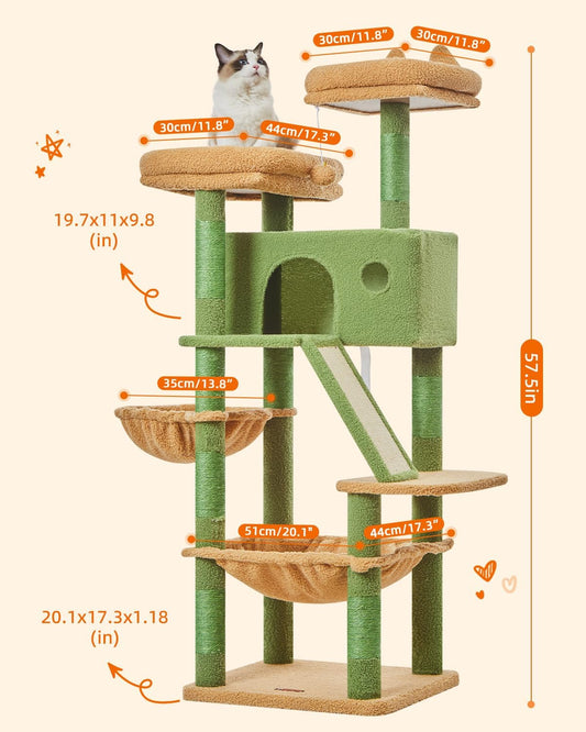 Taoqimiao Cactus Cat Tree, 57.5-Inch Cat Tower for Indoor Cats Large Adult, Extra Large Cat Condo, 8 Sisal Scratching Posts, Metal Frame Cozy Hammock, Durable Scratch Board, 2 Top Perches, MSC026