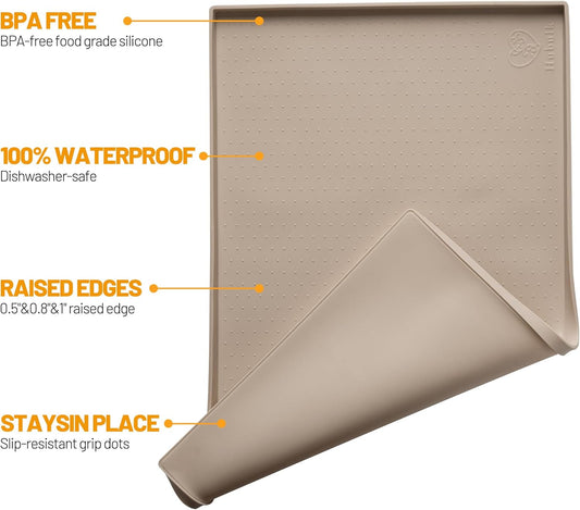 Hubulk Dog Feeding Mat,100% Waterproof Food Grade Silicone Pet Food and Water Bowl Placemat,Dishwasher, High Raised Edge to Prevent Spills,Nonslip Tray to Stop Messes on Floor(19"x12"x0.5", Taupe)