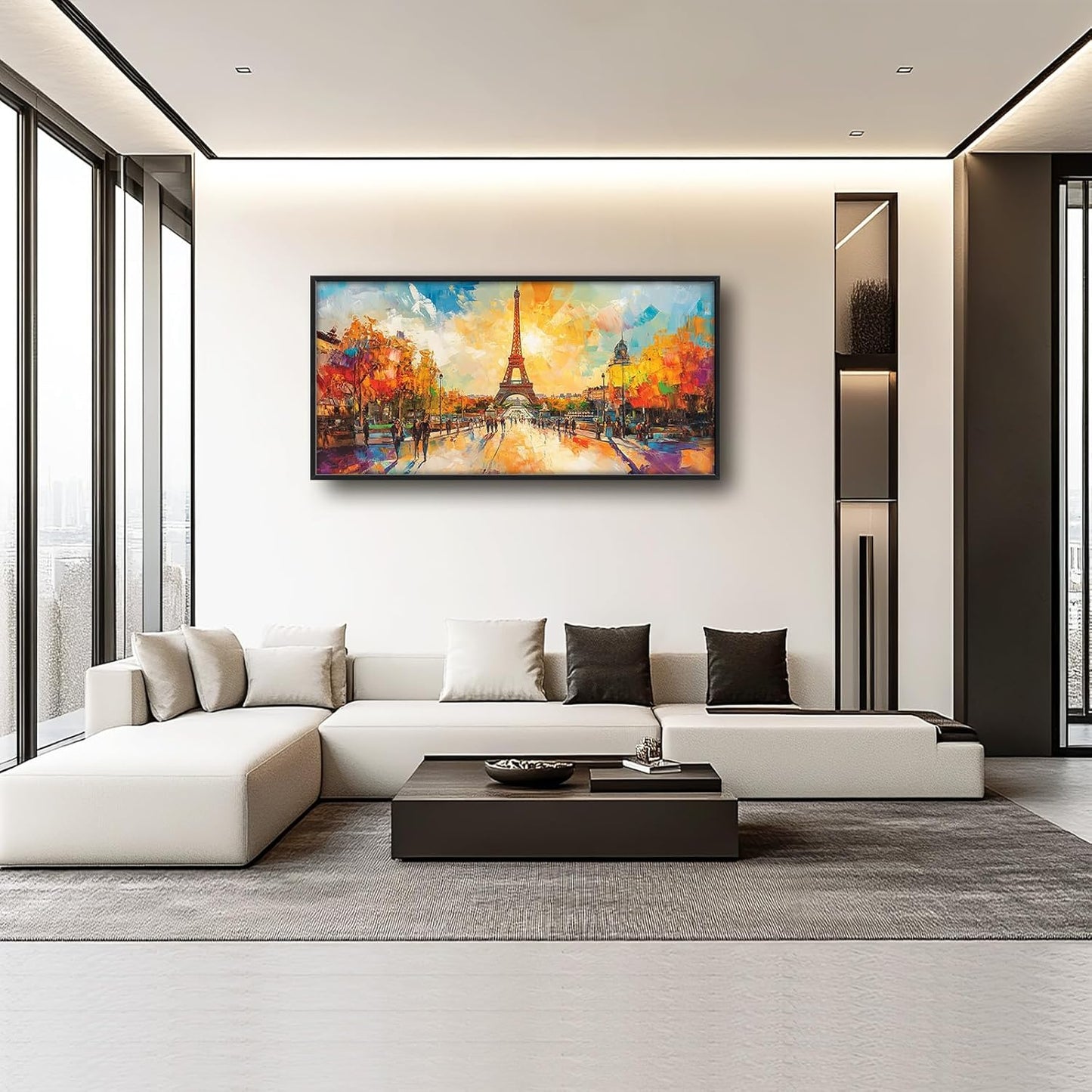 Framed Large Eiffel Tower Wall Art for Living Room, Oversized Paris City Street Landscape Wall Decor, Colorful Sunrise Canvas Painting Modern Artwork for Living Room Bedroom Office 60"x30"