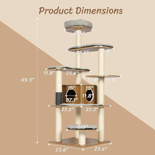 KAMABOKO Tall Wood Cat Tree, 69β Large Cat Tower Multi-Level Platforms with Sisal Scratching Posts, Cat Tree for Large Cats 20 lbs Heavy Duty, Cat Condo Furniture for Active Cats