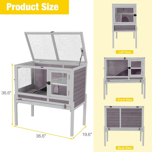 Aivituvin Rabbit Hutch with Stand Wooden Bunny Cage Indoor 2 Story Guinea Pig House with Anti Chew Ramp, No Leak Tray, Hideout, Wire Mesh (Gray)