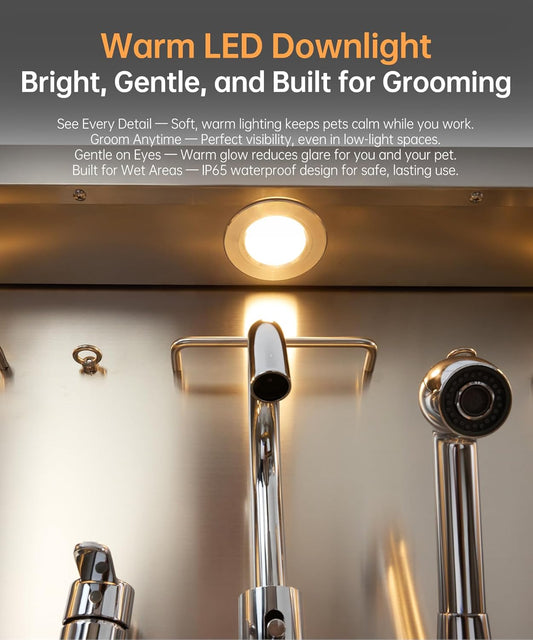 POLIMO Dog Washing Station, LED Professional Stainless Steel Dog Bathing Station 61", Dog Grooming Tub for Large, Medium & Small Dog - with Window, Ramp, Drawer, Floor Grate & Faucet (Right RAMP, 61")