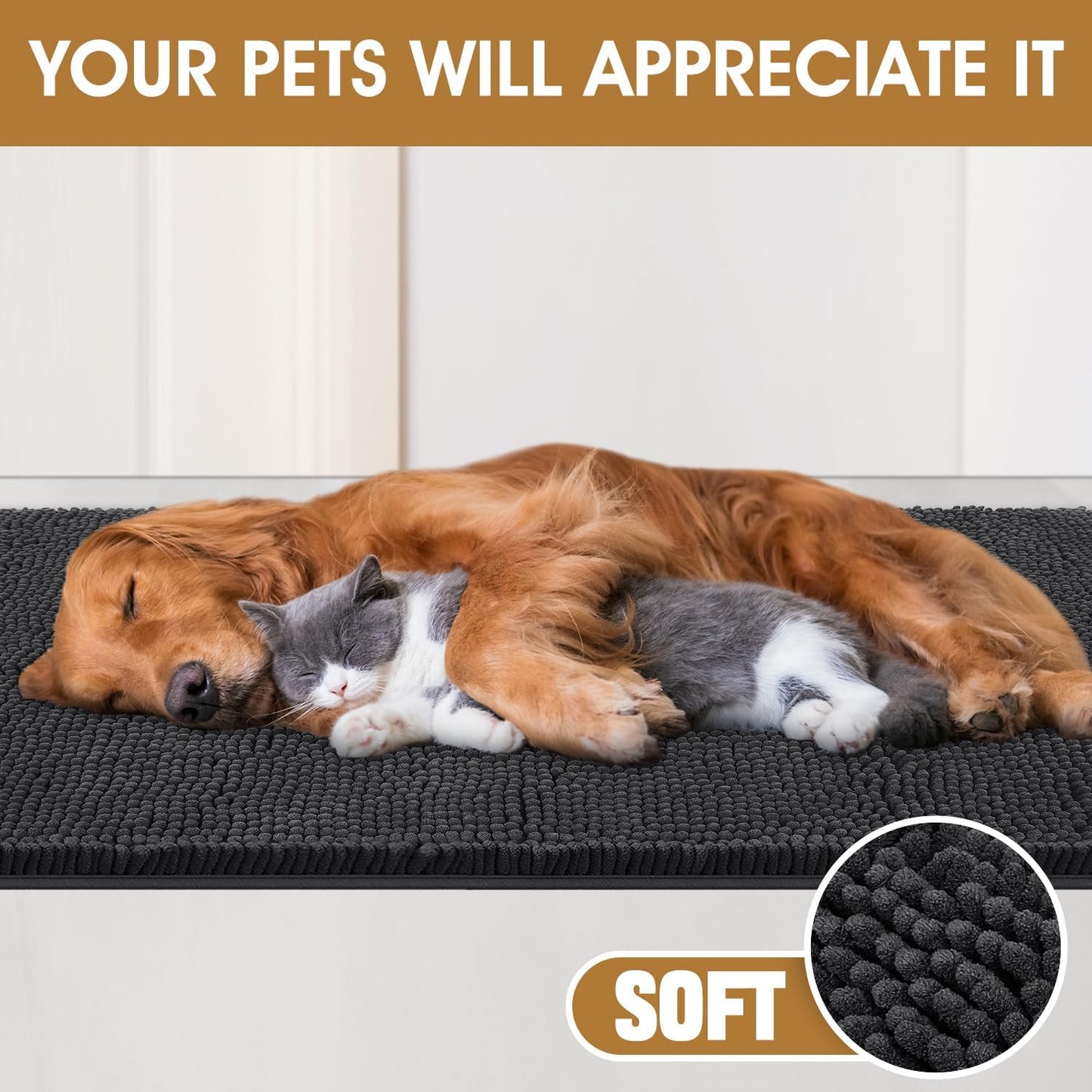 Extra Large Dog Door Mats for Muddy Paws, Chenille Absorbent Dog Mats, Non Slip Heavy Mud Mat for Dogs, Soft Pet Mat for Entryway, Mud Paws, Inside Floor,60" x 36", Dark Grey