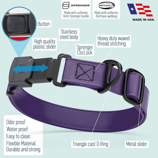 Dogline Biothane Waterproof Dog Collar with Herm Sprenger Black Stainless Steel Quick Release Buckle β Heavy Duty Tactical Durable Collar for Dogs β Comfortable and Safe Pet Collar, W 3/4" L 12-19"