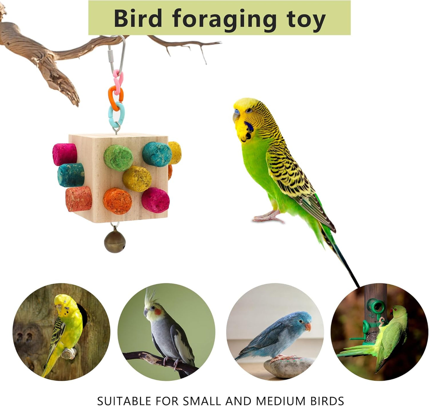 Square Bird Chew Toy, Parrot Cork Stopper Toys Bird Swing Bell Hanging Wooden Puzzle Foraging Toys Small Bird Bite Perch Stand, Small and Medium Parrots (1 Pack-Square Cork Stick)