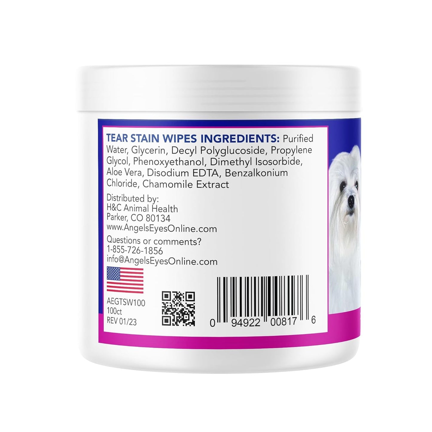 ANGELS' EYES Gentle Tear Stain & Pet Eye Wipes for All Dogs & Cats Textured Grooming Wipes Remove Discharge & Mucus, Reduce Tear Stains, Hypoallergenic with Aloe & Chamomile, 100ct