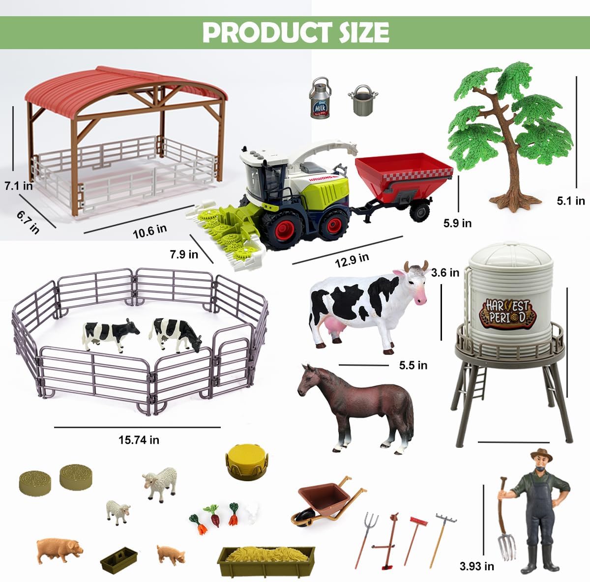 Farm Animals Toys Set Barn Toy Combine Harvester Tractor with Trailer Horse Stable Grain Bins Horse Cow Farmer Figures Fence Playset for Kids Toddlers Boy Girl 3-7 Years Old