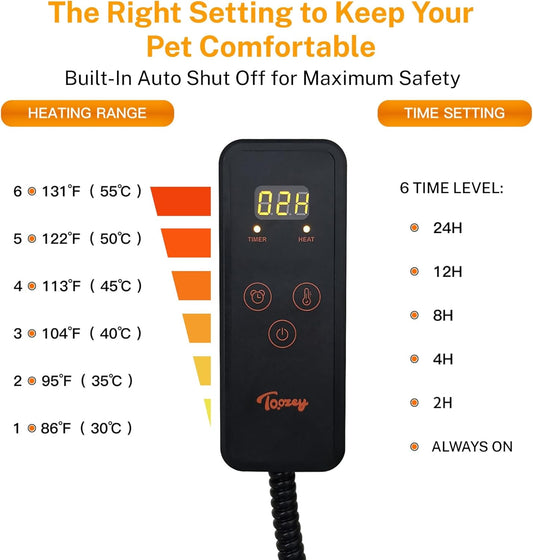 Toozey Medium Pet Heating Pad, 28x20 in, 6 Temp Settings, Timer, Waterproof, Chew-Resistant Cord, for Dogs and Cats