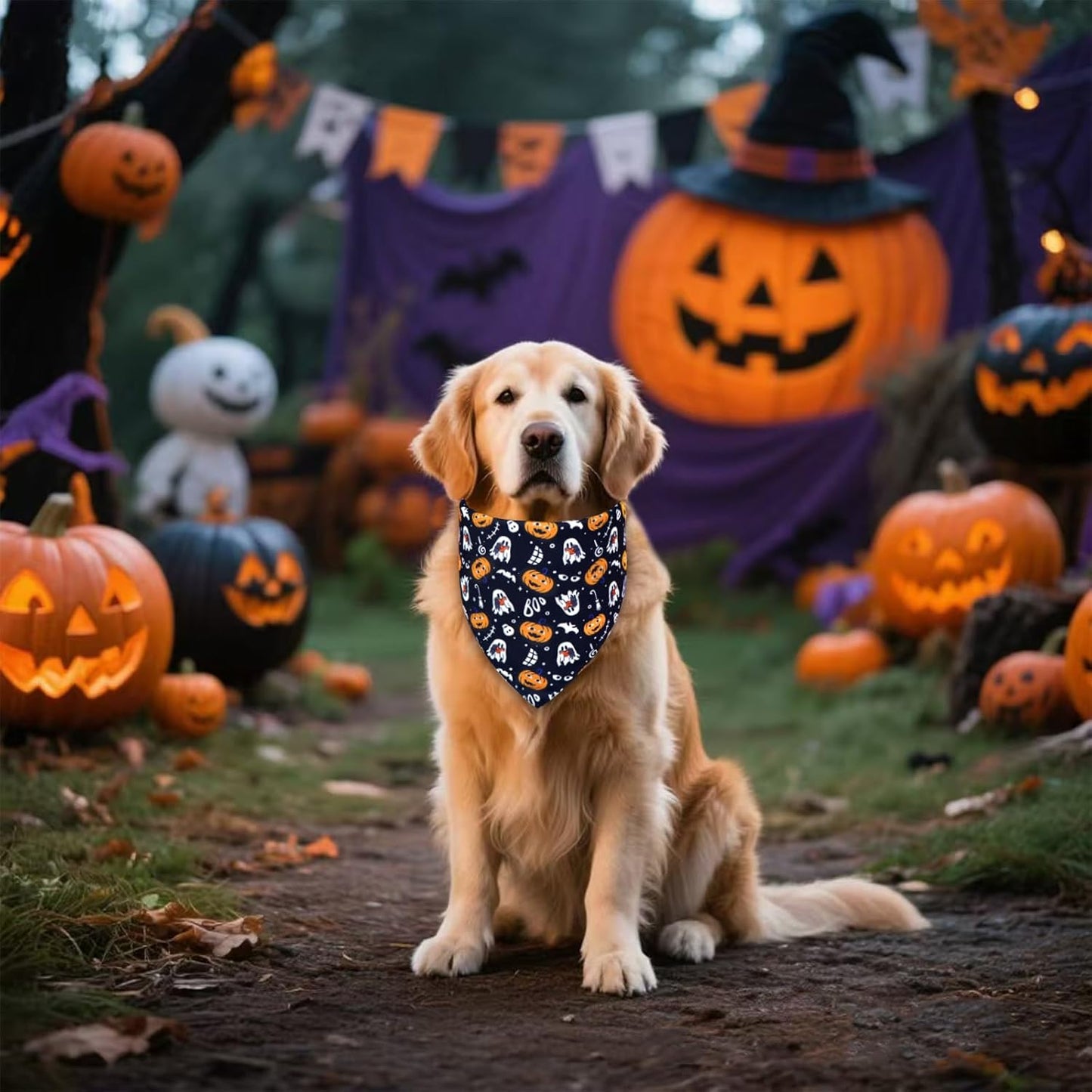 Halloween Dog Bandana for X-Large Dogs - Reversible Black Skull Pumpkin Print Scarf - Soft & Quick-Dry for Costume Parties