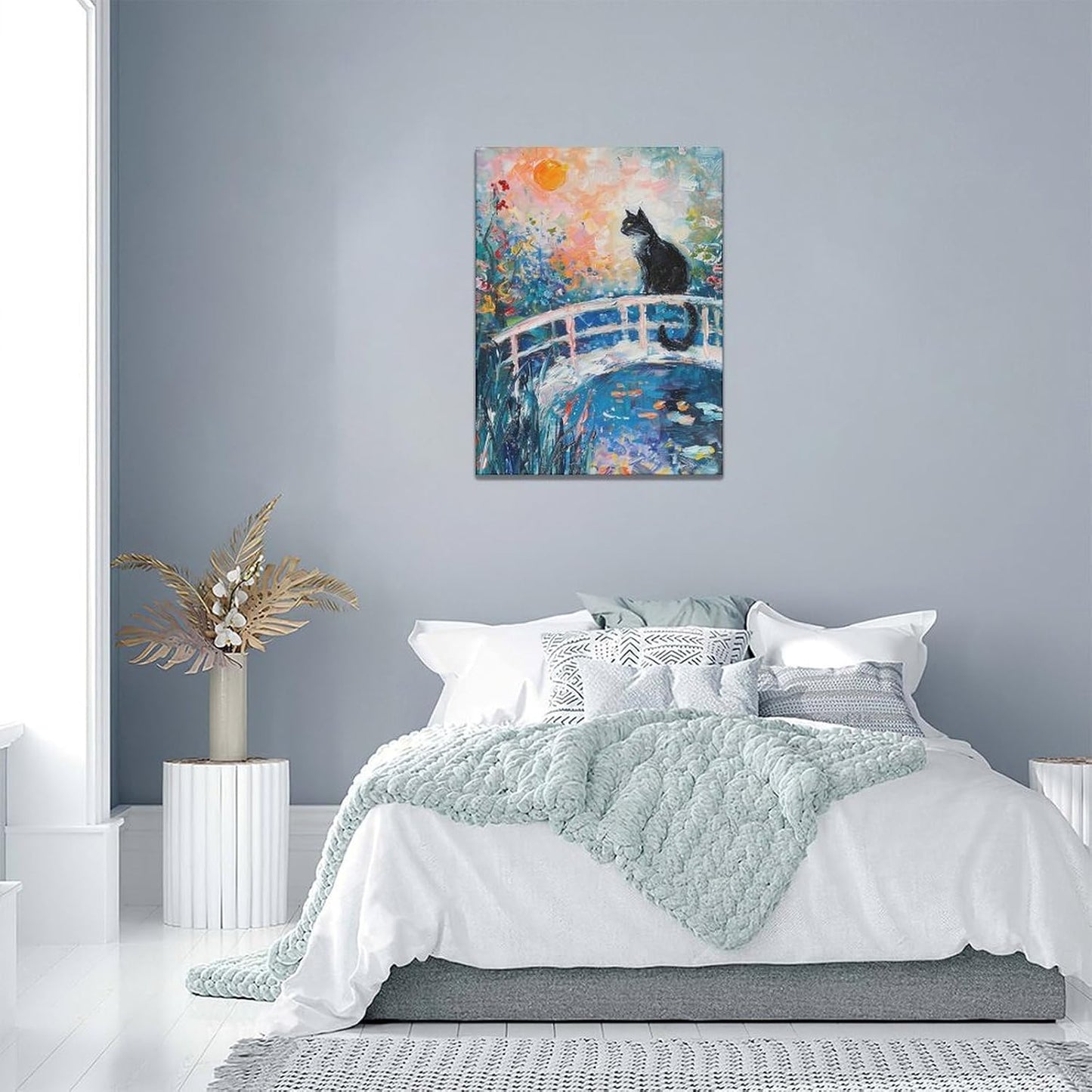 Quorin Black Cat Wall Art Water Lily Sunset Pictures Cat Wall Decor Impressionism Canvas Print Painting Artwork for Bathroom Living Room Bedroom 12"x16"