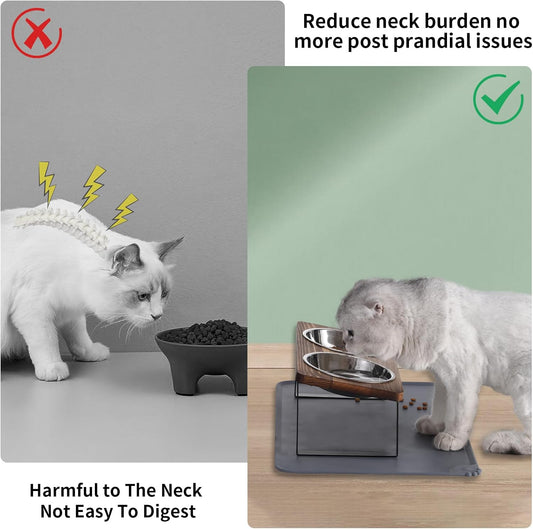 Upgraded Elevated Cat Bowls with Food Mat,15°Tilted Stand Anti Vomiting Raised Cat Dishes for Food and Water,2 Stainless Steel Bowls for Cats and Puppy(Rustic Brown)