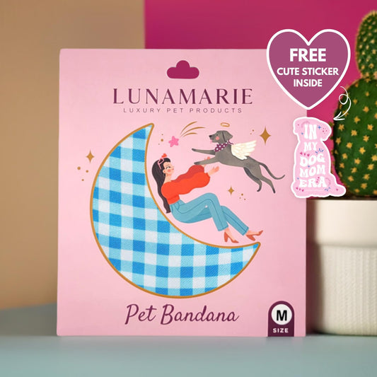 LunaMarie - Luxury Pet Birthday Bandanas -Premium & Silky Poly Fabric | 100% Handmade | Custom Shape Dual Layered (Blue Checkers, Small)