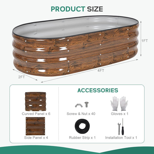 Galvanized Raised Garden Bed Outdoor - 4Γ2Γ1ft Planter Raised Beds for Gardening | Oval Metal Garden Planter Box with Safety Edging and Gloves for Vegetables Fruits and Flowers - Grain