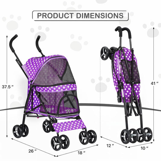 MoNiBloom 4 Wheels Pet Stroller, Easy-Fold Umbrella Shaped Dog Cat Jogger Stroller w/Storage Bag & Visible Mesh for Small/Medium Dogs Cats Purple Polka Dots